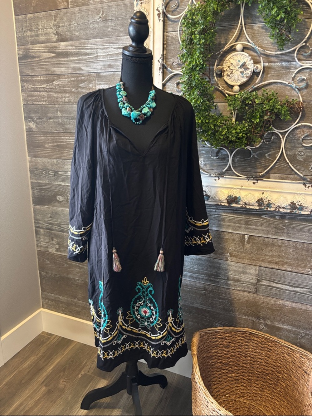 Kate & Sam (Size L) Embroidered Black Boho Tunic Dress with Turquoise Accents